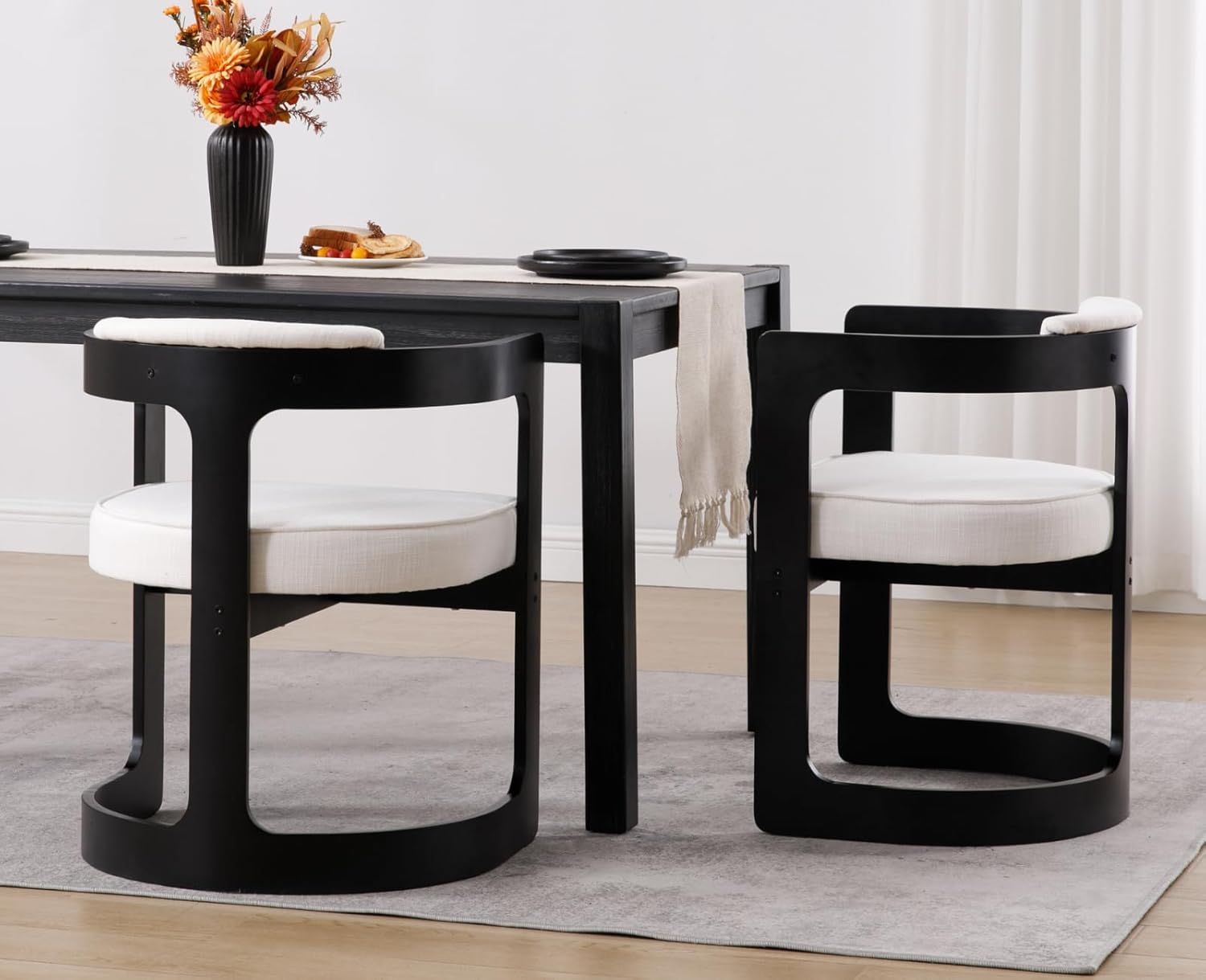 Modern Barrel Dining Chair Linen Upholstered Accent Chair with Arm Comfy Dining Room Chair with Black Wood Frame