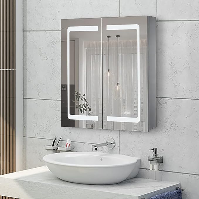 24 Inch X 28 Inch Illuminated Led Mirror Cabinet for Bathroom Stainless Steel Wall Mounted Medicine Cabinet with Double Touch Switches for Clor Change, Dimmer and Anti-Fog Function