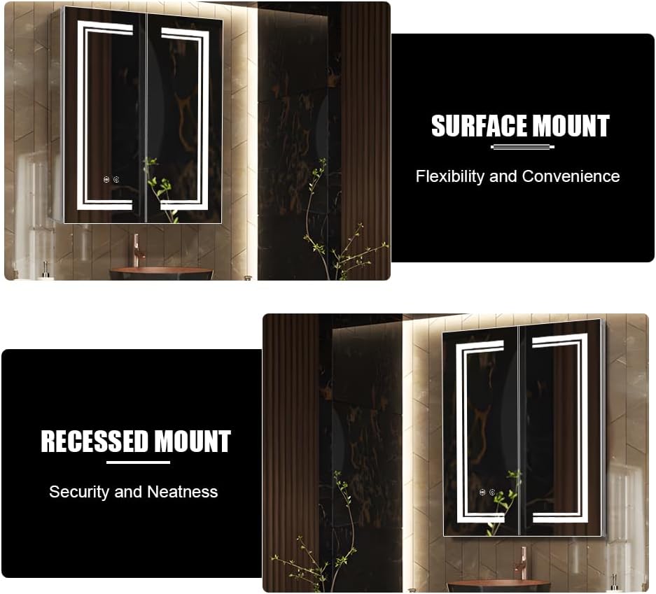 High-End Led Medicine Cabinet,Lighted Medicine Cabinet,3 Colors&Dimmable,Demister,Glass Shelf Illumination,USB Shaver Socket.Surface Mount or Recess Mount