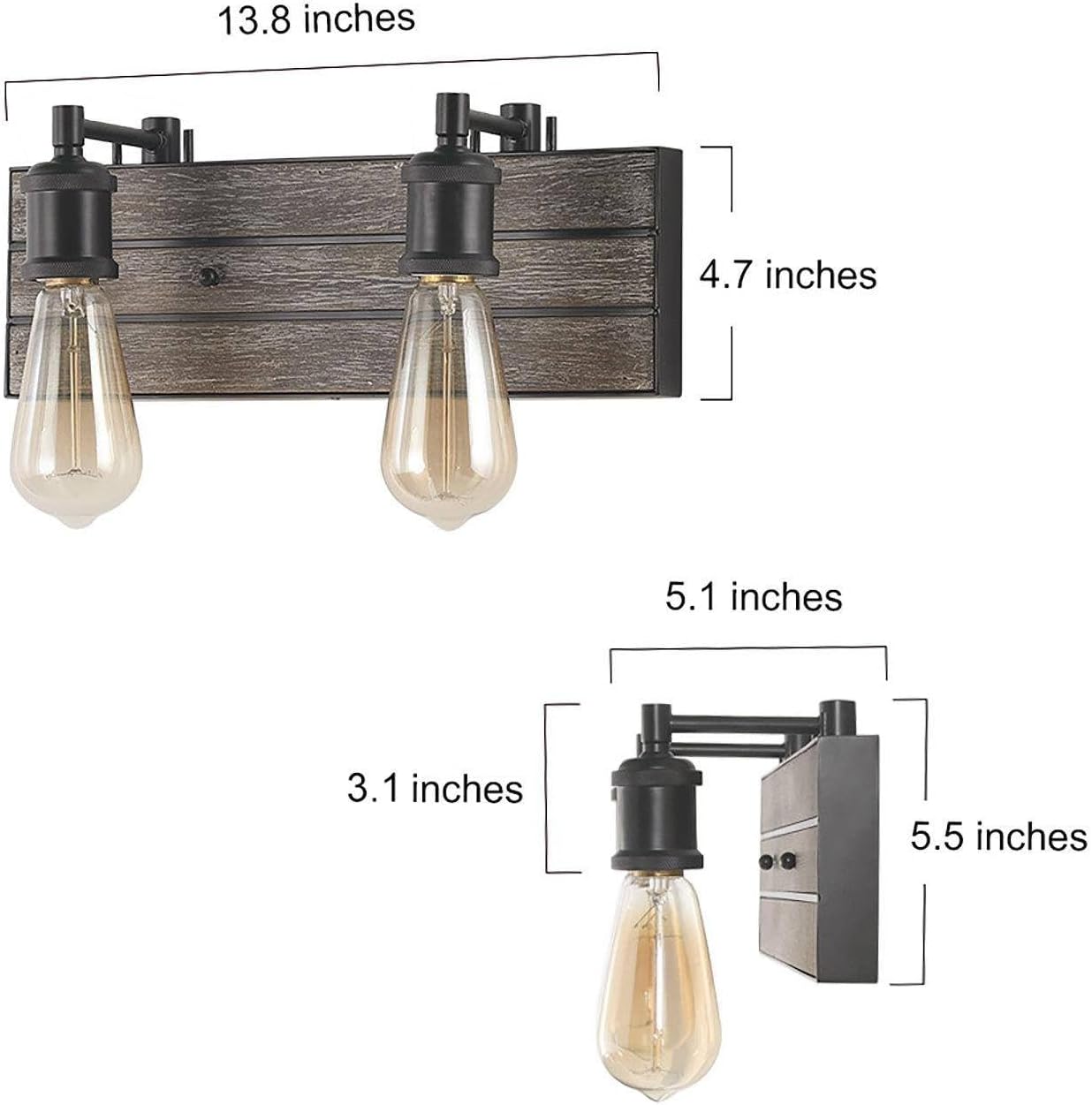 2 Light Vanity Lights for Bathroom, 13.8-Inch Rustic Faux Wood Bathroom Lighting Lights Over Mirror