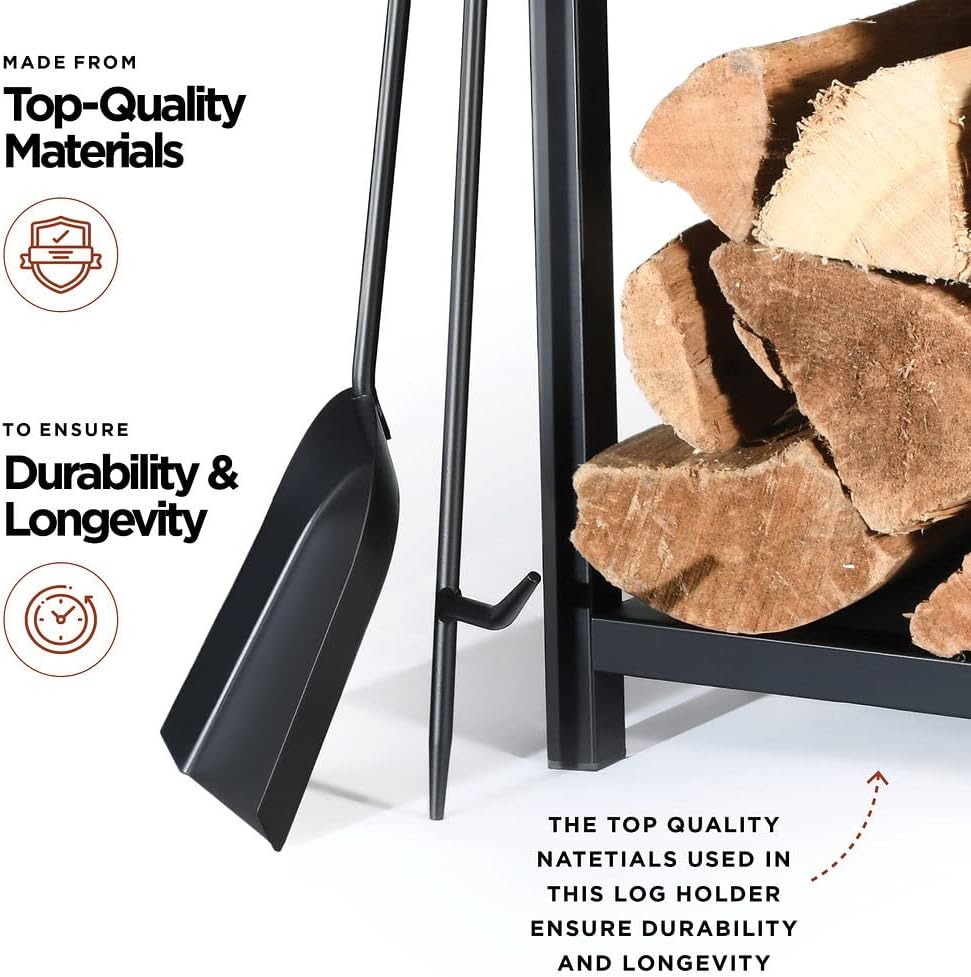 Firewood Rack Outdoor Indoor - 2-Tier Firewood Holder with Fireplace Tools Set, Brush, Shovel, Poker, Tongs