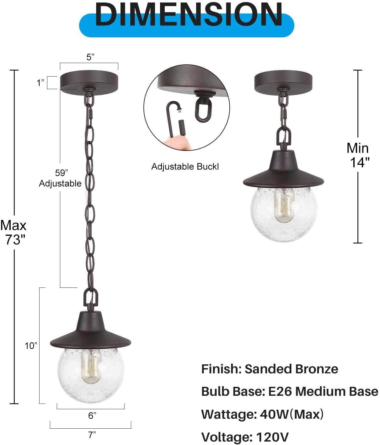 Outdoor Globe Pendant Light Fixture, Farmhouse Exterior Lights with Adjustable Chain, Anti-Rust Ceiling Outdoor Light with Seeded Glass