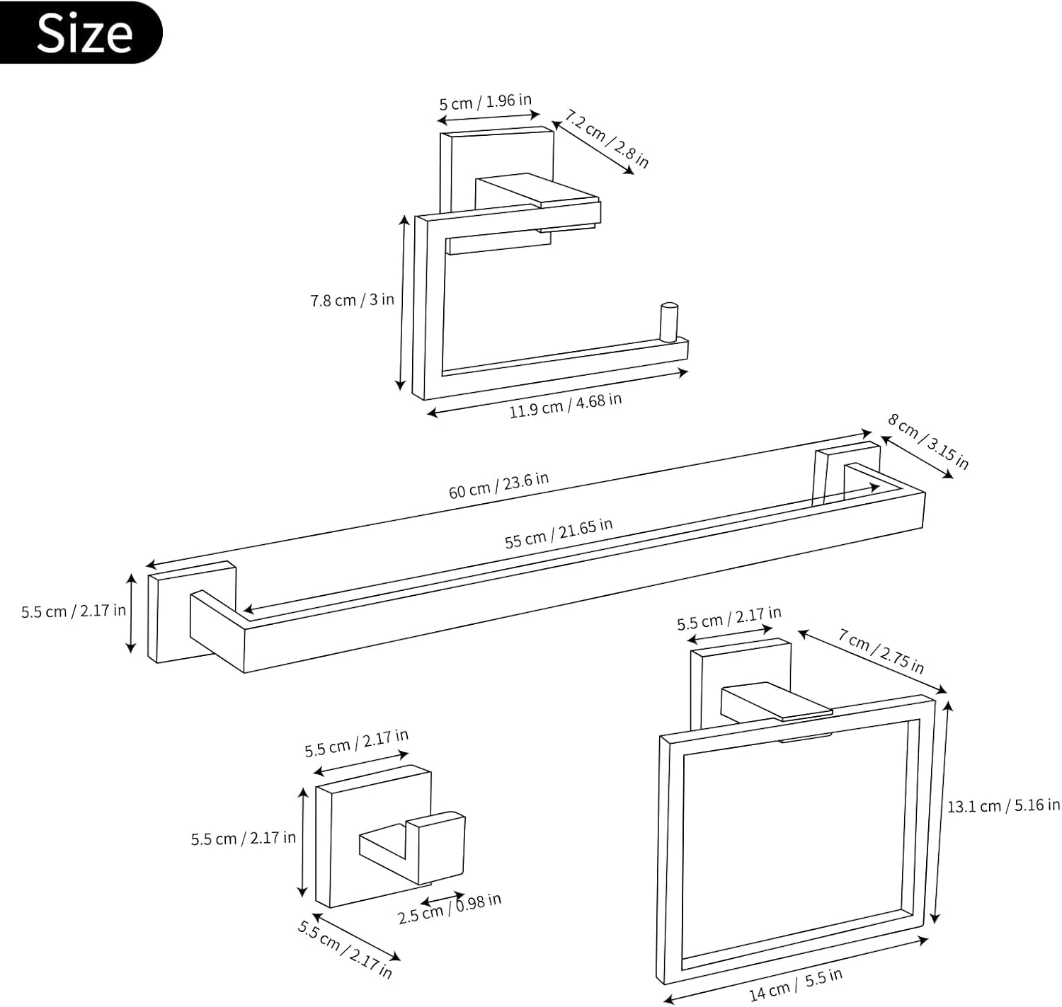5 Pieces Black Bathroom Accessorie Set Black Towel Bar Set Towel Holder Set for Bathroom,Wall Mounted Stainless Steel Bathroom Hardware Set,23.6 Inch