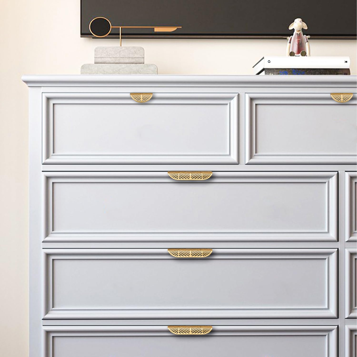 Solid Brass Cabinet Handles Brushed Gold Leaf Knobs and Pulls for Dresser Drawer Handles Edge Pulls,4-5/8"(117mm) Overall Length,4Pcs