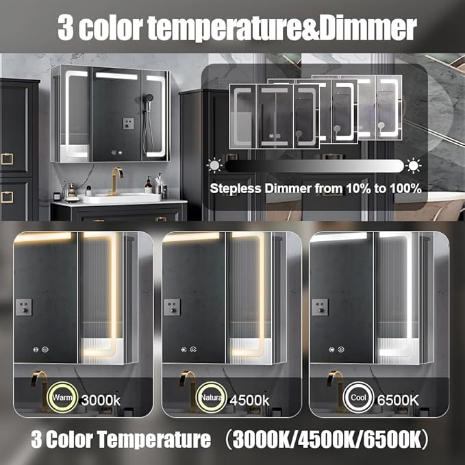 Stainless Steel LED Medicine Cabinet,Bathroom Mirror Cabinet with Light,3 Color,Dimmable,Equipped with Defogger,USB Shavor Socket,Internal Light