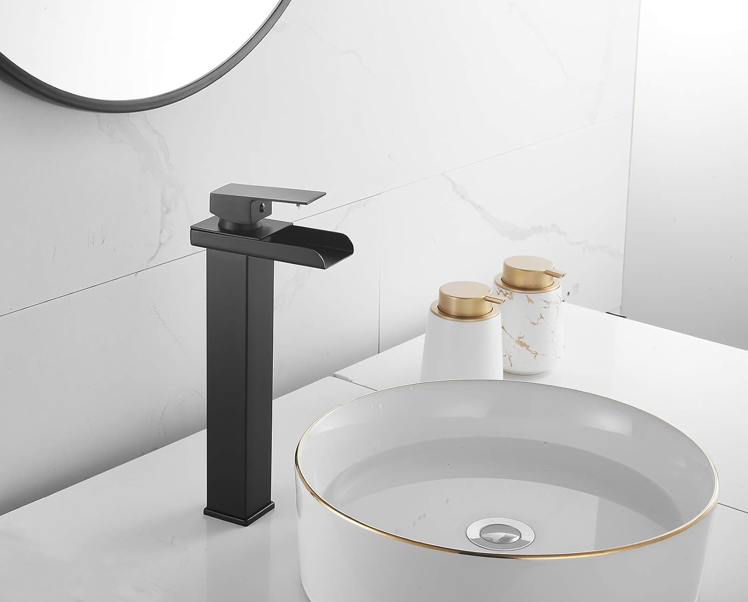Bathroom Vessel Sink Faucet Black Waterfall Spout Single Handle One Hole Bowl Sink Faucet Tall Body Modern Vanity Faucet Lavatory Mixer Tap Deck Mount