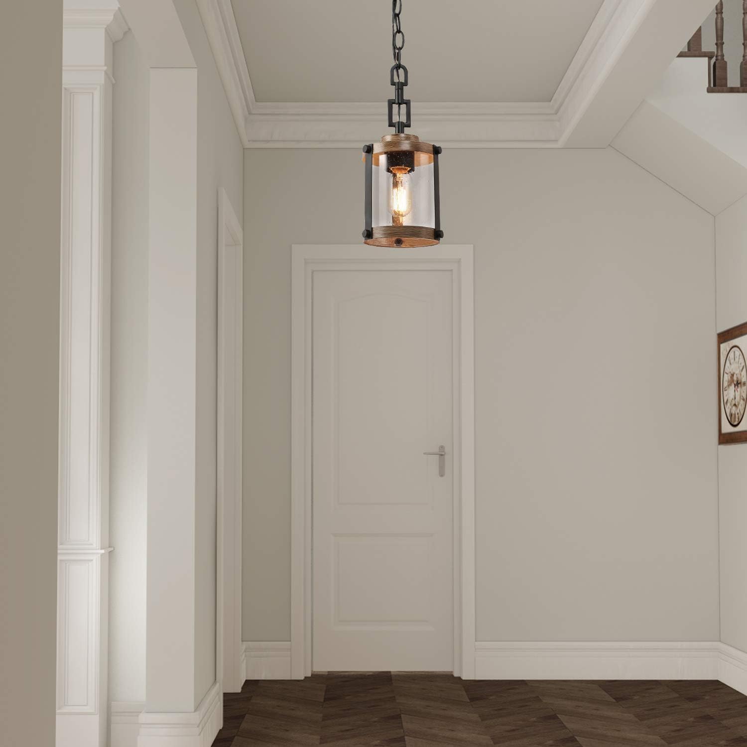 Pendant Lighting for Kitchen Island, Farmhouse Mini Chandelier in Faux Wood Metal with Bubbled Glass Shade