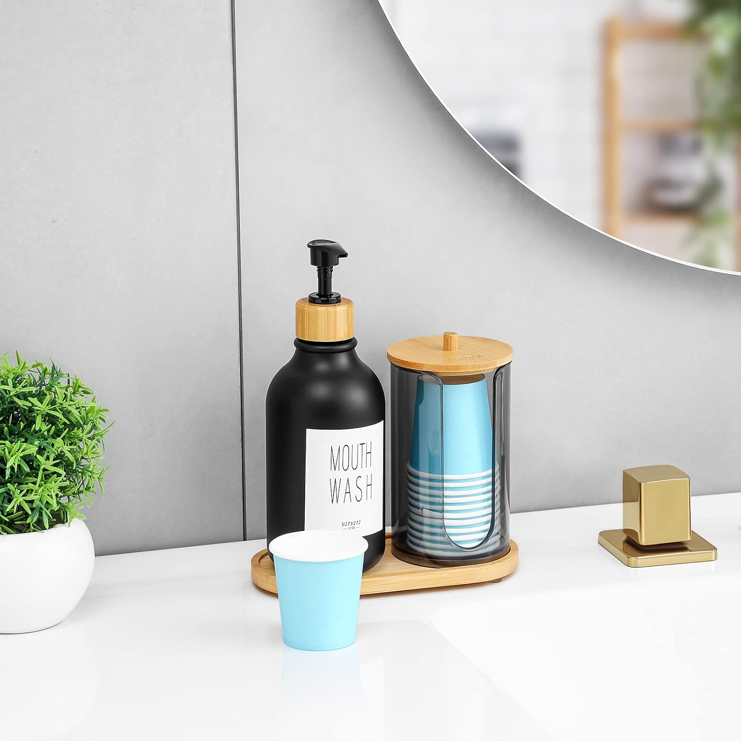 Mouthwash Dispenser for Bathroom, Mouth Wash Pump Bottle with Paper Cup Holder, 17Oz Refillable Black Mouthwash Container with Bamboo Lid/Tray/Label