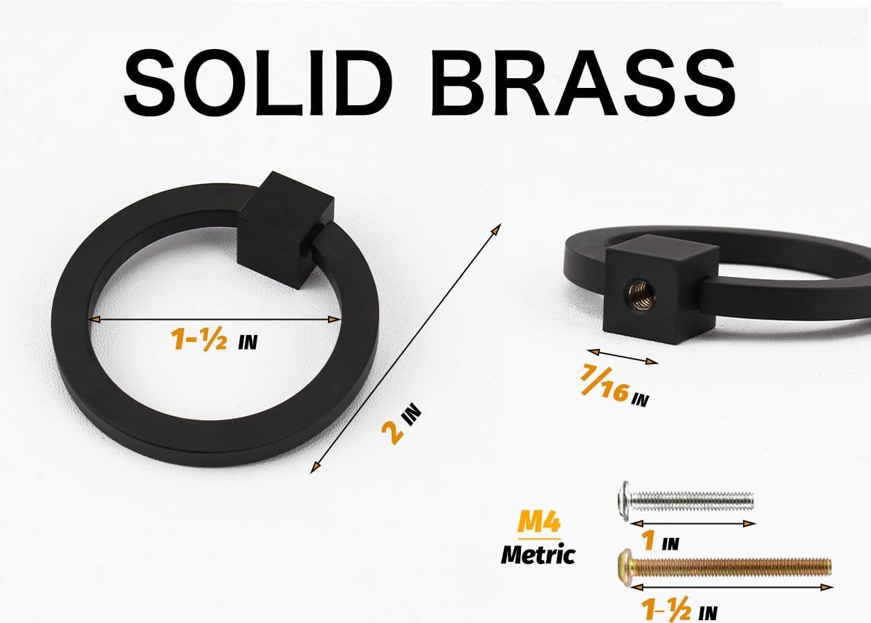 8Pcs 2.0" x 1-7/8" Solid Brass Pulls for Dresser Drawer Ring Pulls Furniture Hardware Black Kitchen Cabinet Pulls