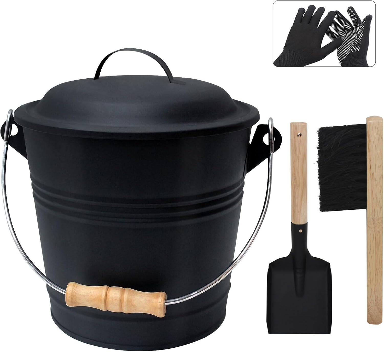 Ash Bucket with Lid and Shovel, 1.3 Gallon Fireplace Bucket for Ashes, Includes Hand Broom and Gloves for Fire Pit
