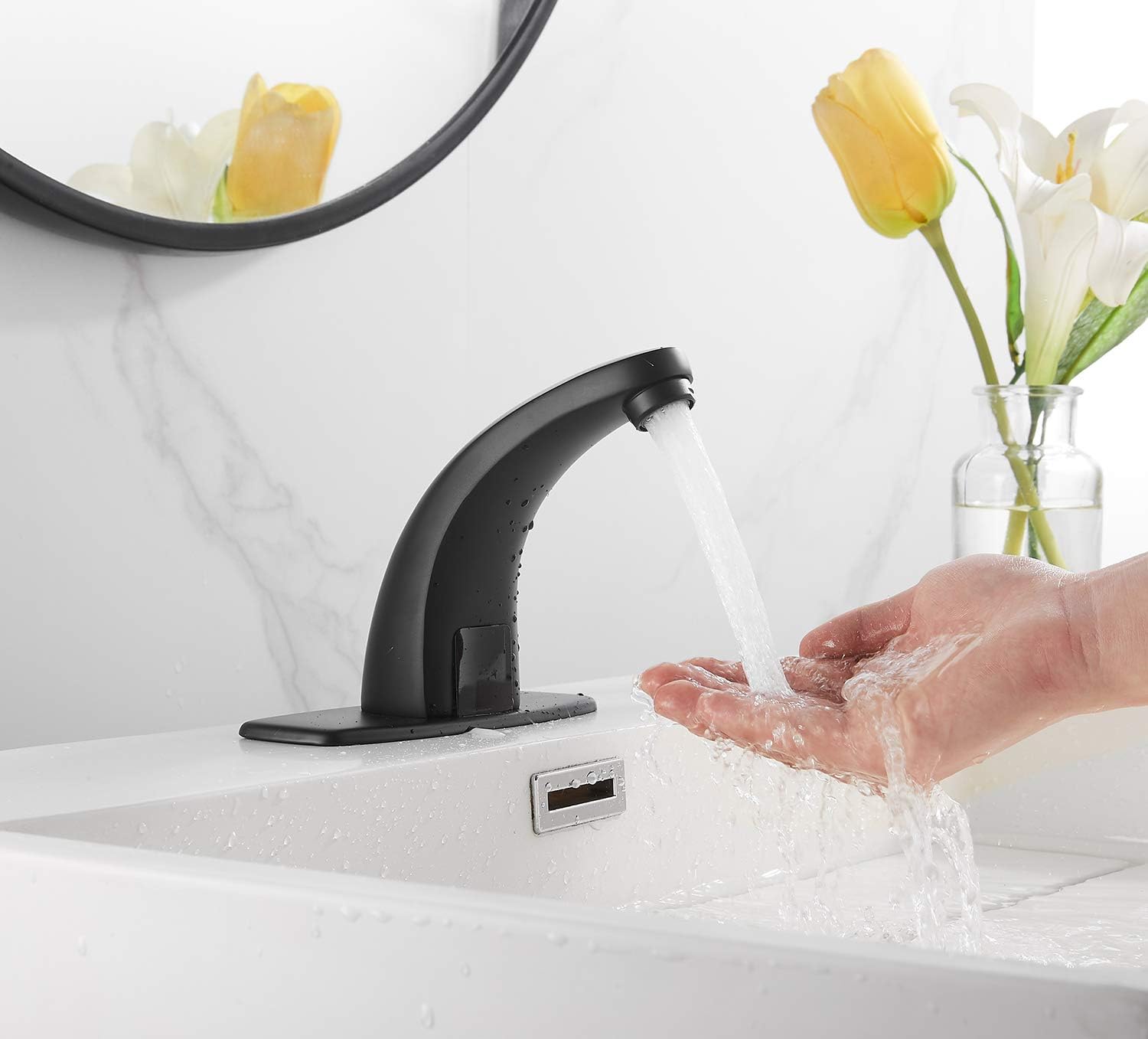 Touchless Bathroom Faucet Black Dual Powered Automatic Faucet Auto Sensor Bath Tub Lavatory Vanity Sink Faucet