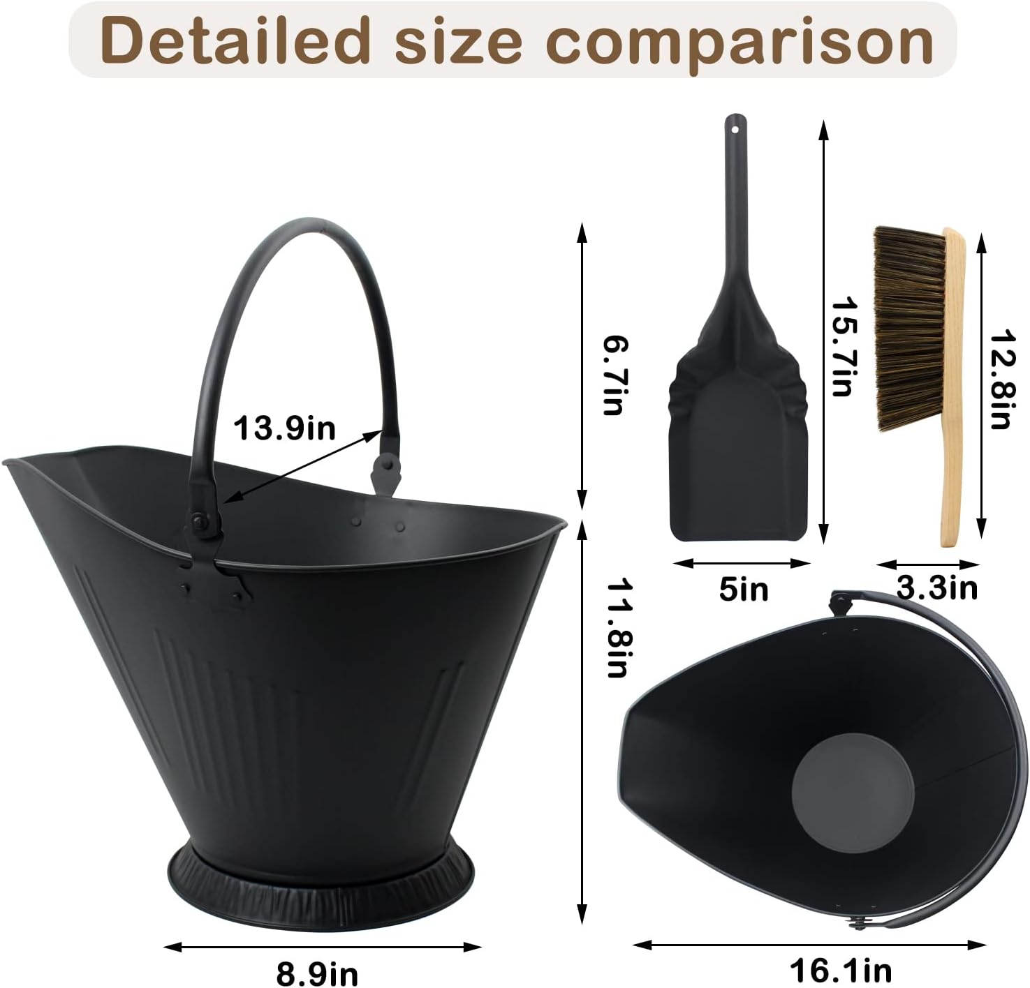 Ash Bucket for Fireplace, 3.2 Gallon Metal Fireplace Ash Bucket for Wood Stove, Includes Shovel, Broom and Gloves Indoor & Outdoor