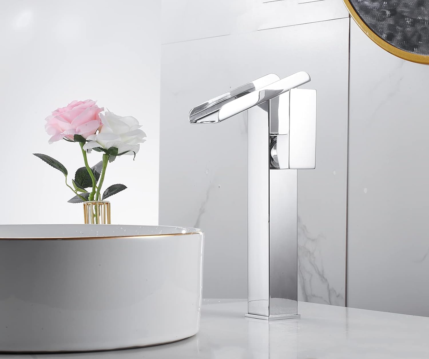 Bathroom Vessel Faucet Chrome Waterfall Single Handle 1 Hole Matching Pop Up Drain Stopper Without Overflow Lavatory Vanity Basin Tap Deck Mount Bowl Sink Bath Faucets Include Faucet Supply Lines