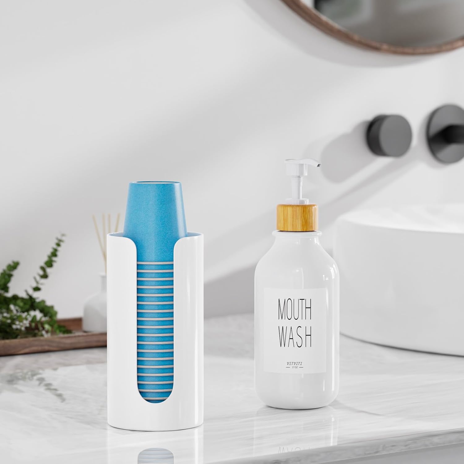 Mouthwash Dispenser for Bathroom, Mouth Wash Dispenser Wall Mounted with Cup Holder, 17OZ Refillable Mouthwash Pump Container, Plastic/Bamboo/Metal, White