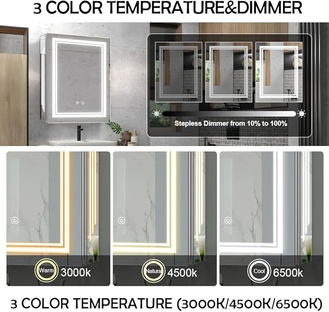 20×26inch Medicine Cabinet with Lights,Lighted Medicine Cabinet,3 Colors&Dimmable,Demister,Internal Light,USB Shaver Socket,Inner Door Lighting