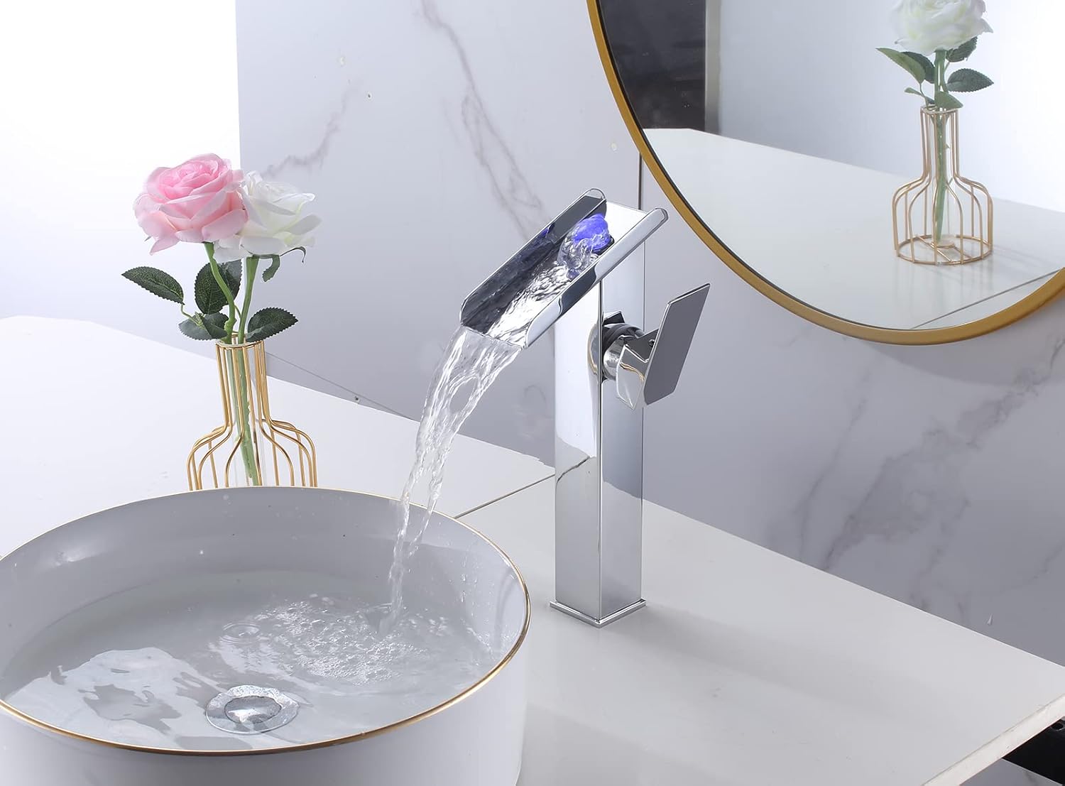 Bathroom Vessel Sink Faucet Chrome Waterfall Led Color Changing by Temperature Bowl Sink Faucet 1 Hole Right Handle Without Overflow Pop Up Drain Stopper Lavatory Vanity Bath Basin Tap Tall