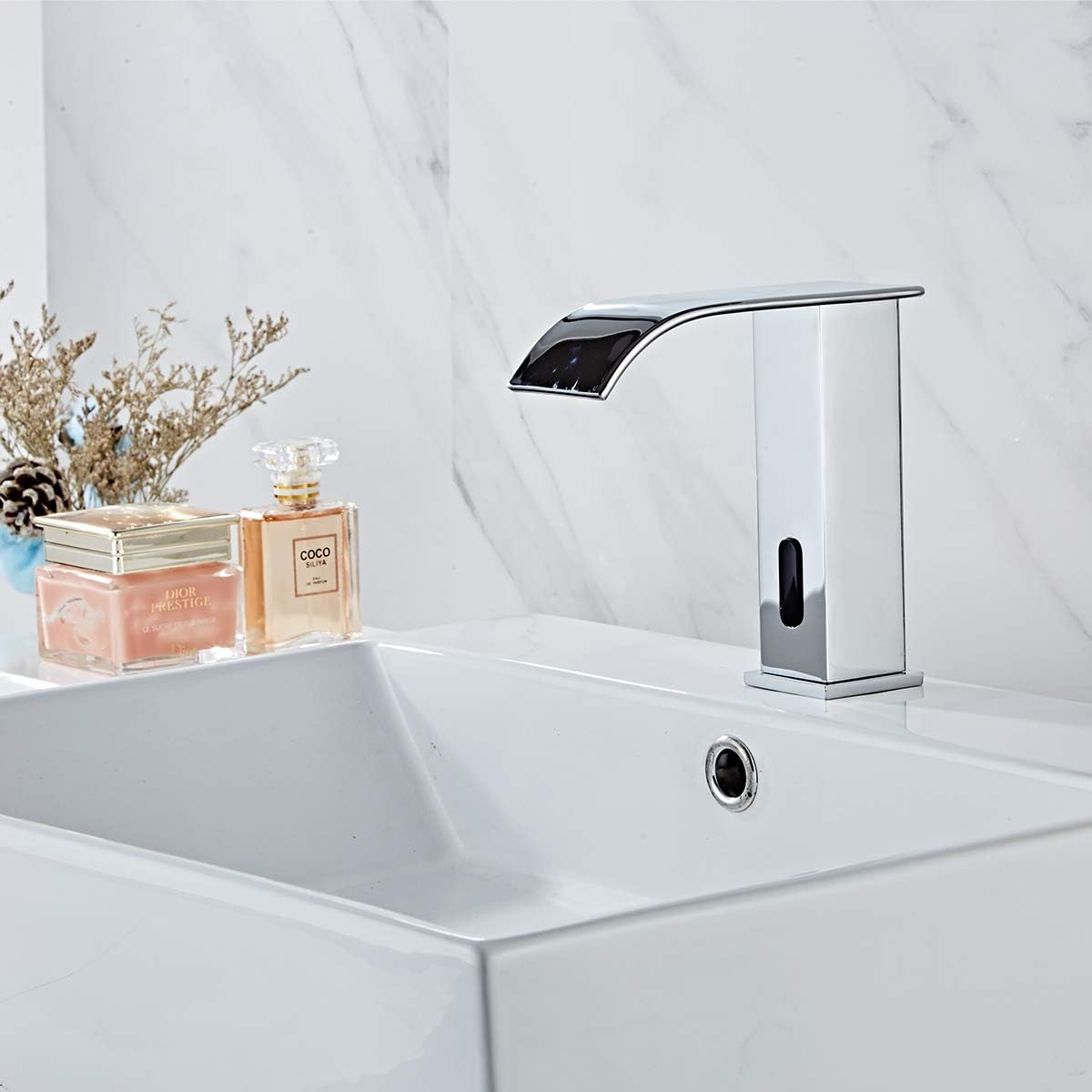 Automatic Touchless Bathroom Faucet Sensor Waterfall Chrome Bathroom Sink Faucet Electronic Motion Activated Hands-Free Vanity Faucet Dual Powered