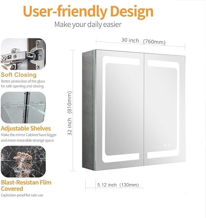 Stainless Steel LED Medicine Cabinet,Bathroom Mirror Cabinet with Light,3 Color,Dimmable,Equipped with Defogger,USB Shavor Socket,Internal Light