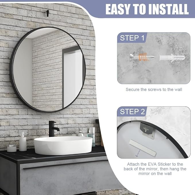 26inch Bathroom Round Mirror,Wall Mounted Vanity Mirror,Steel Frame,Black,Steel Frame