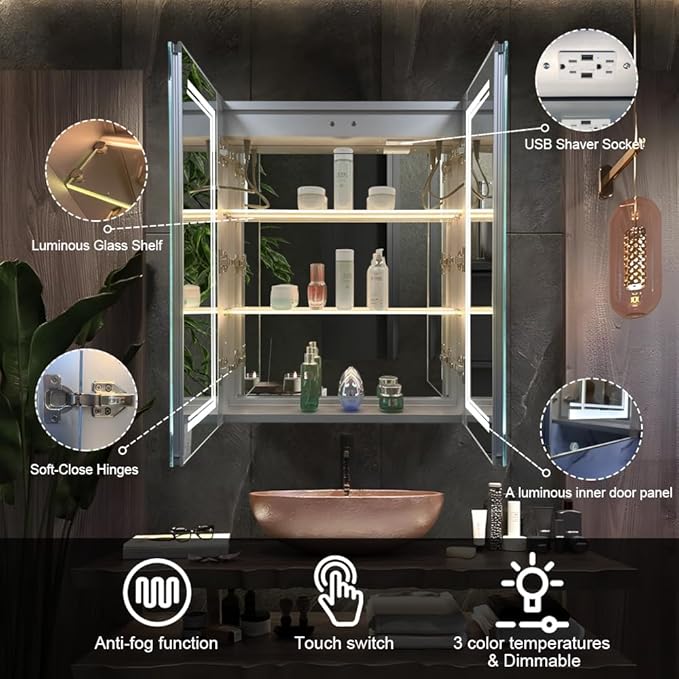 High-End Led Medicine Cabinet,Lighted Medicine Cabinet,3 Colors&Dimmable,Demister,Glass Shelf Illumination,USB Shaver Socket.Surface Mount or Recess Mount