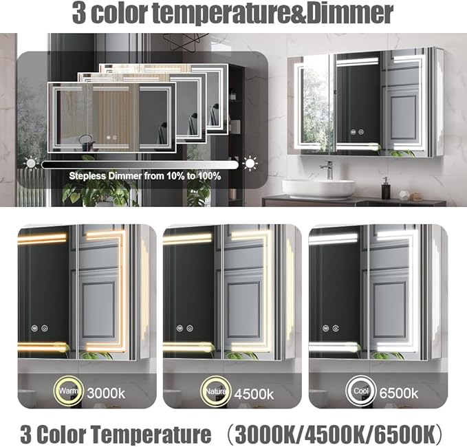 Large Medicine Cabinet with Lights,Aluminum Mirror Cabinet,Glass Shelf Illumination,USB Shaver Socket,3 Colors,Dimmable,Demister