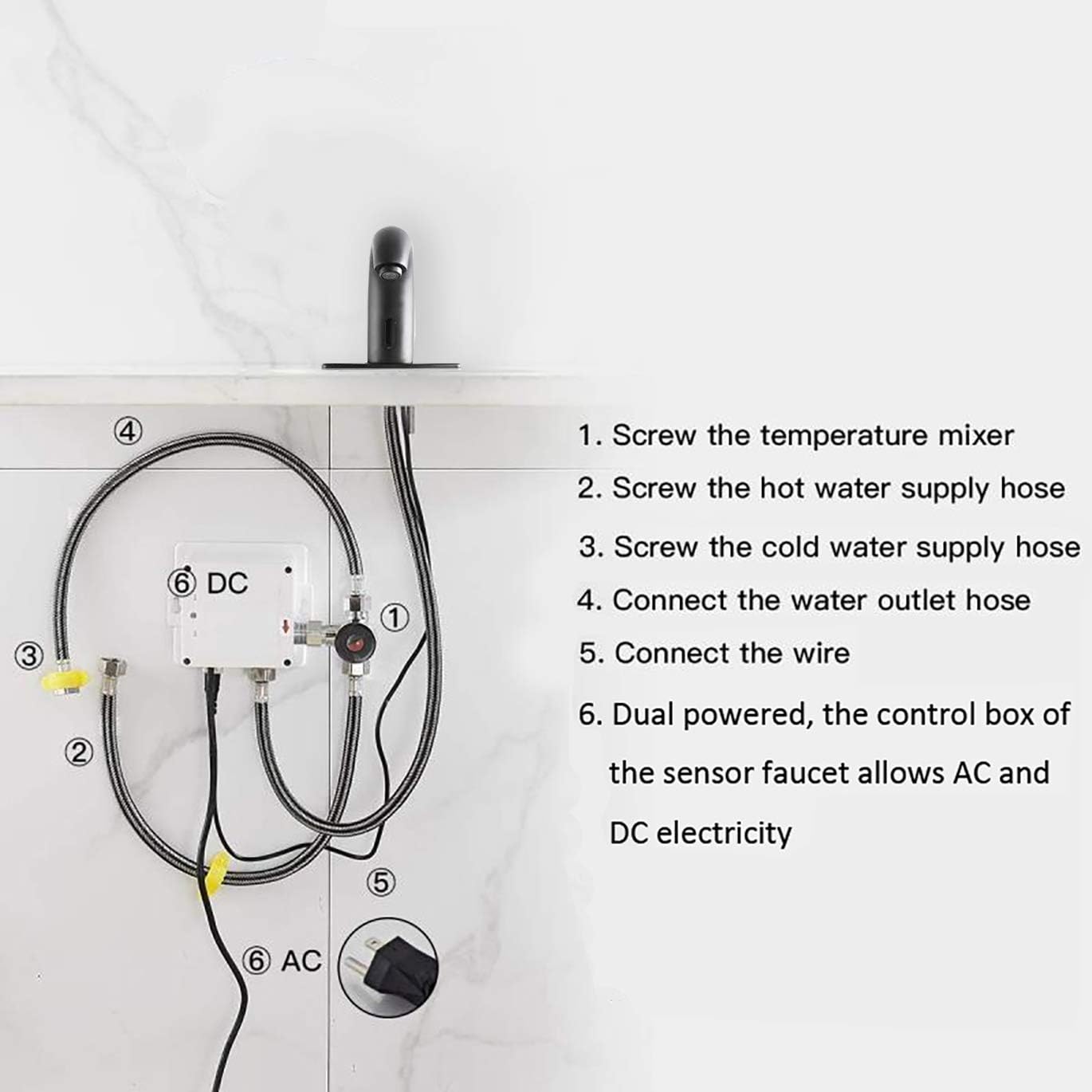 Automatic Bathroom Sink Faucet with Hole Cover Plate Touchless Sensor Dual Powered Matte Black Vanity Faucet