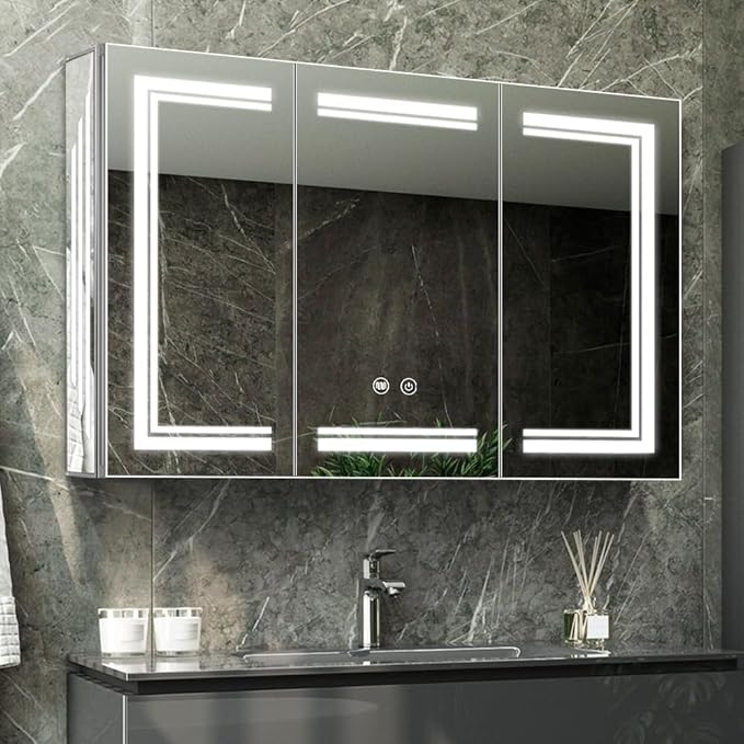Large Medicine Cabinet with Lights,Aluminum Mirror Cabinet,Glass Shelf Illumination,USB Shaver Socket,3 Colors,Dimmable,Demister
