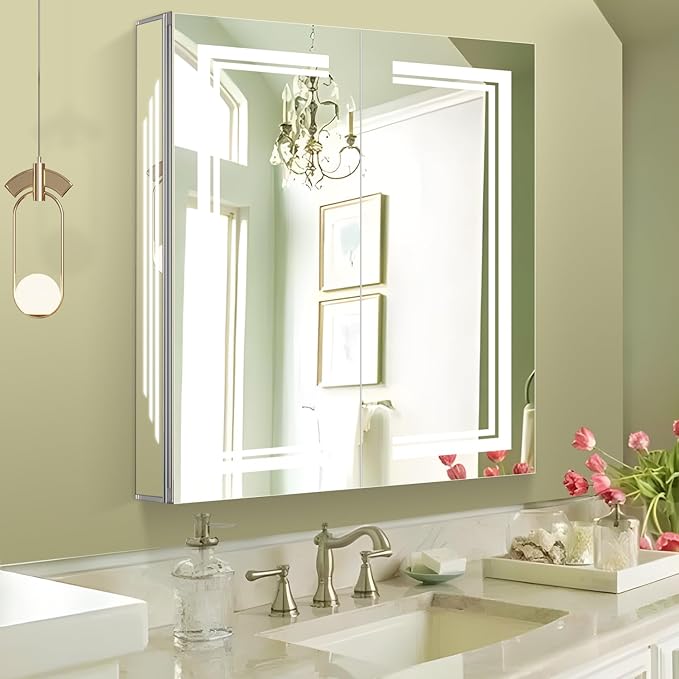 30×32inch Medicine Cabinet with Lights,Lighted Medicine Cabinet,3 Colors&Dimmable,Demister,Internal Light,USB Shaver Socket,Resisitent to Corrosion