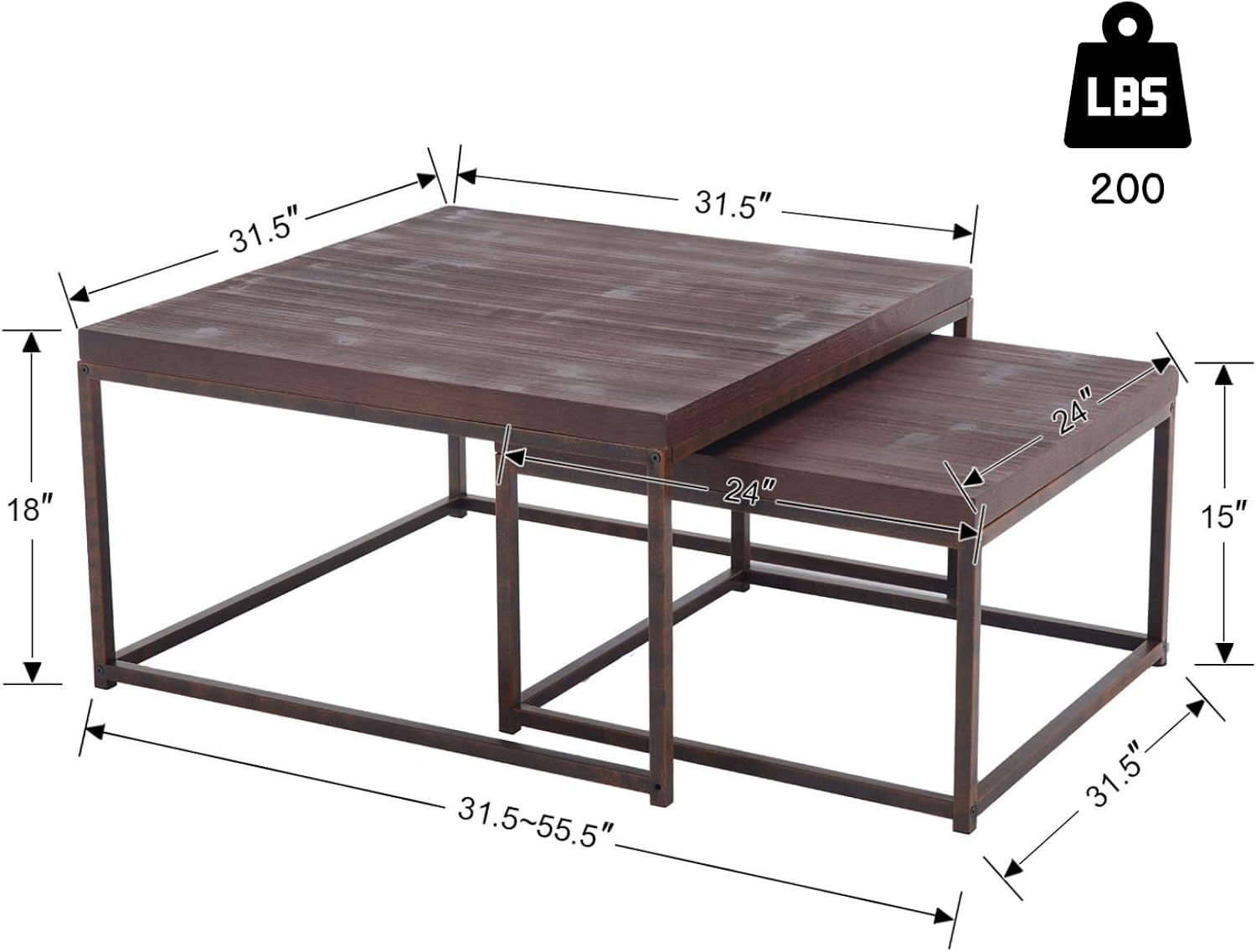 Nesting Coffe Table Set of 2 Industrial Square End Table Modern Stacking Side Tables with Wooden Tabletop and Metal Base Living Room Accent Tables