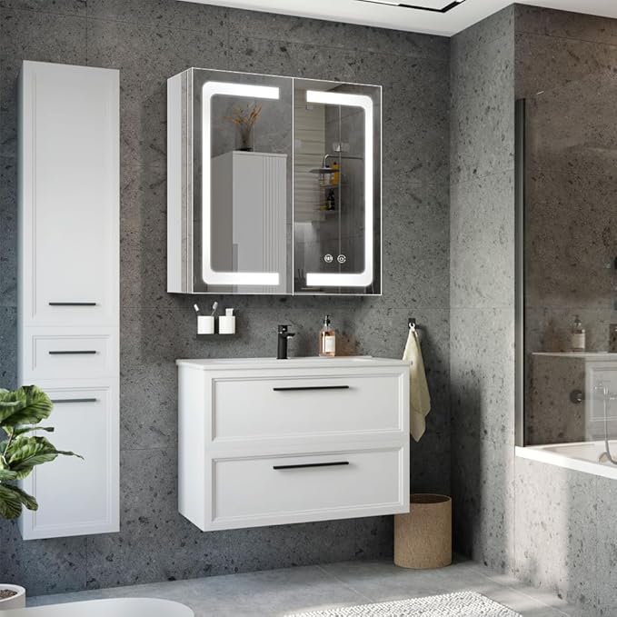 Stainless Steel LED Medicine Cabinet,Bathroom Mirror Cabinet with Light,3 Color,Dimmable,Equipped with Defogger,USB Shavor Socket,Internal Light