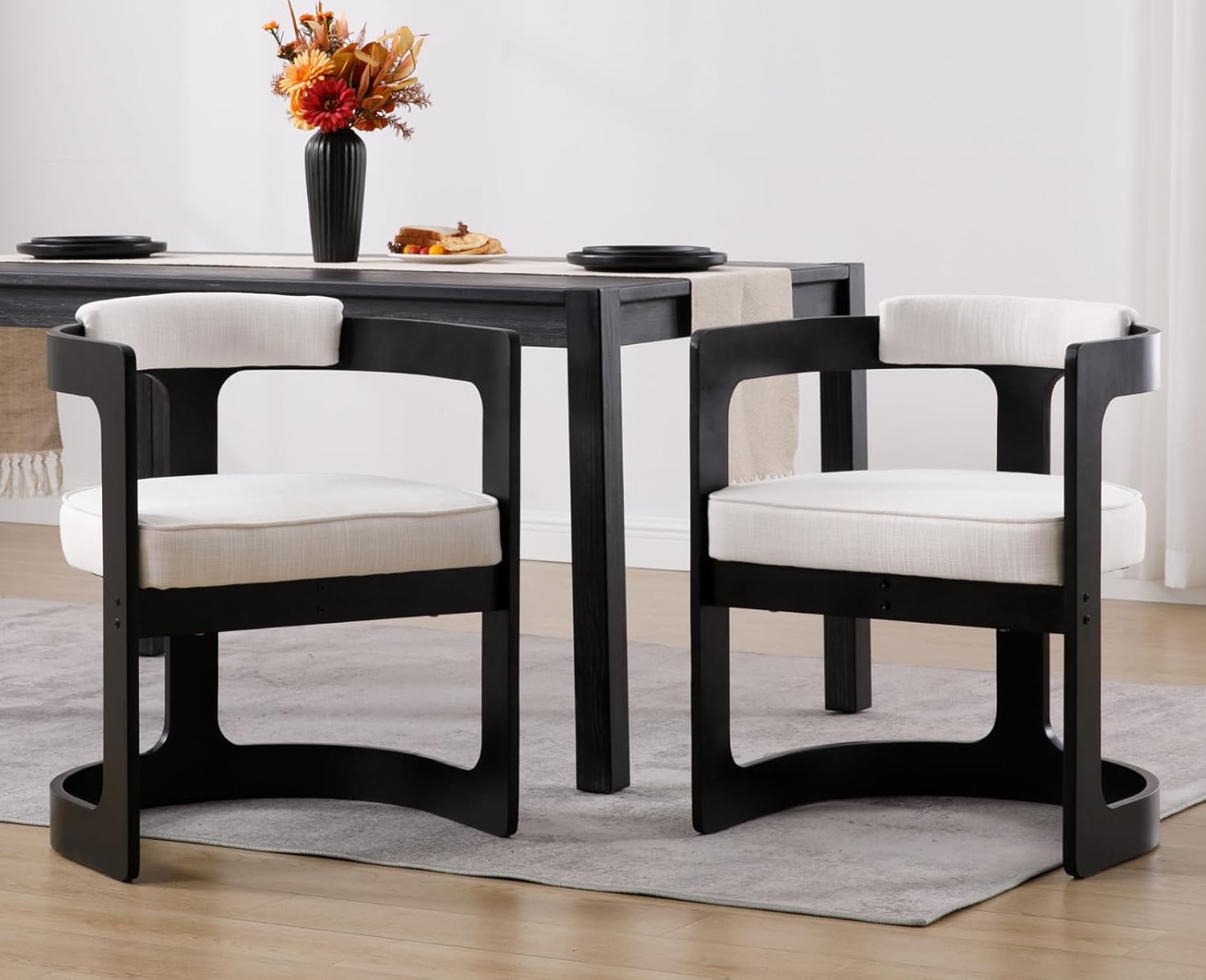 Modern Barrel Dining Chair Linen Upholstered Accent Chair with Arm Comfy Dining Room Chair with Black Wood Frame