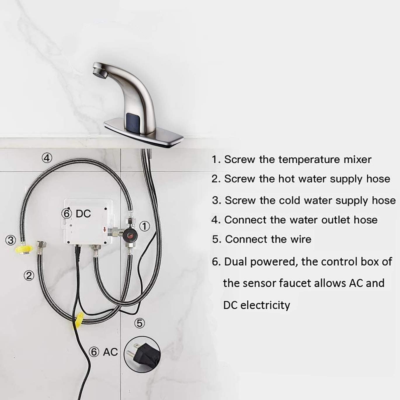 Automatic Sensor Touchless Bathroom Faucet Brushed Nickel Eletronic Motion Activated Hands-Free Include Pop Up Drain Overflow Lavatory Vanity Bath Sink Faucet