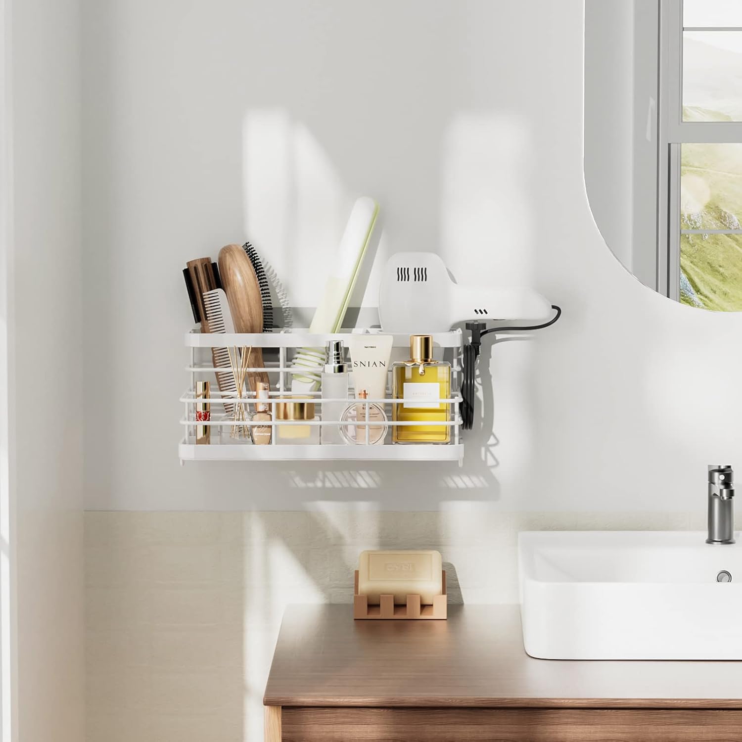 Metal Hair Tool Organizer Wall Mounted, Hair Dryer Holder Basket Storage, Bathroom Sink Organizer Countertop for Vanity Makeup Brush/Hair Straightener/Styling Tools, White, Stand