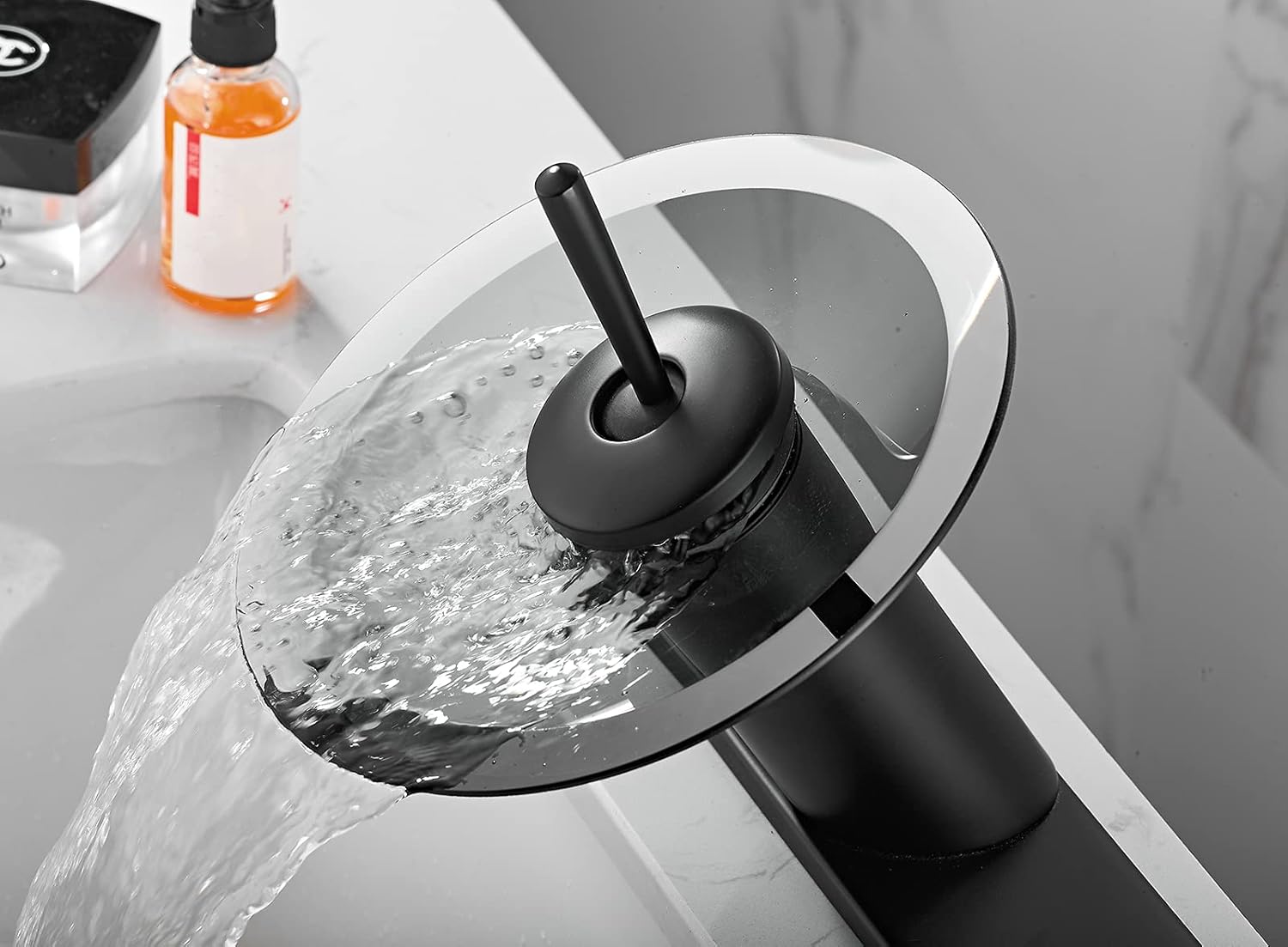 Bathroom Faucet Black Glass Waterfall Spout Single Handle 360° Swivel Solid Brass Bath Basin Lavatory Sink Vanity Faucet One or 3 Hole Commercial with Deck Plate