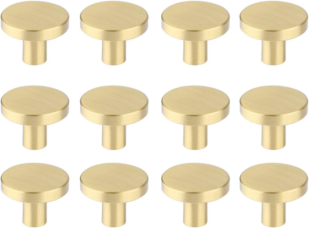 Round Cabinet Knobs, Solid Brass Dresser Knobs Brushed Gold Cabinet Knobs for Kitchen Drawers(12Pcs, 1.1"x0.78")