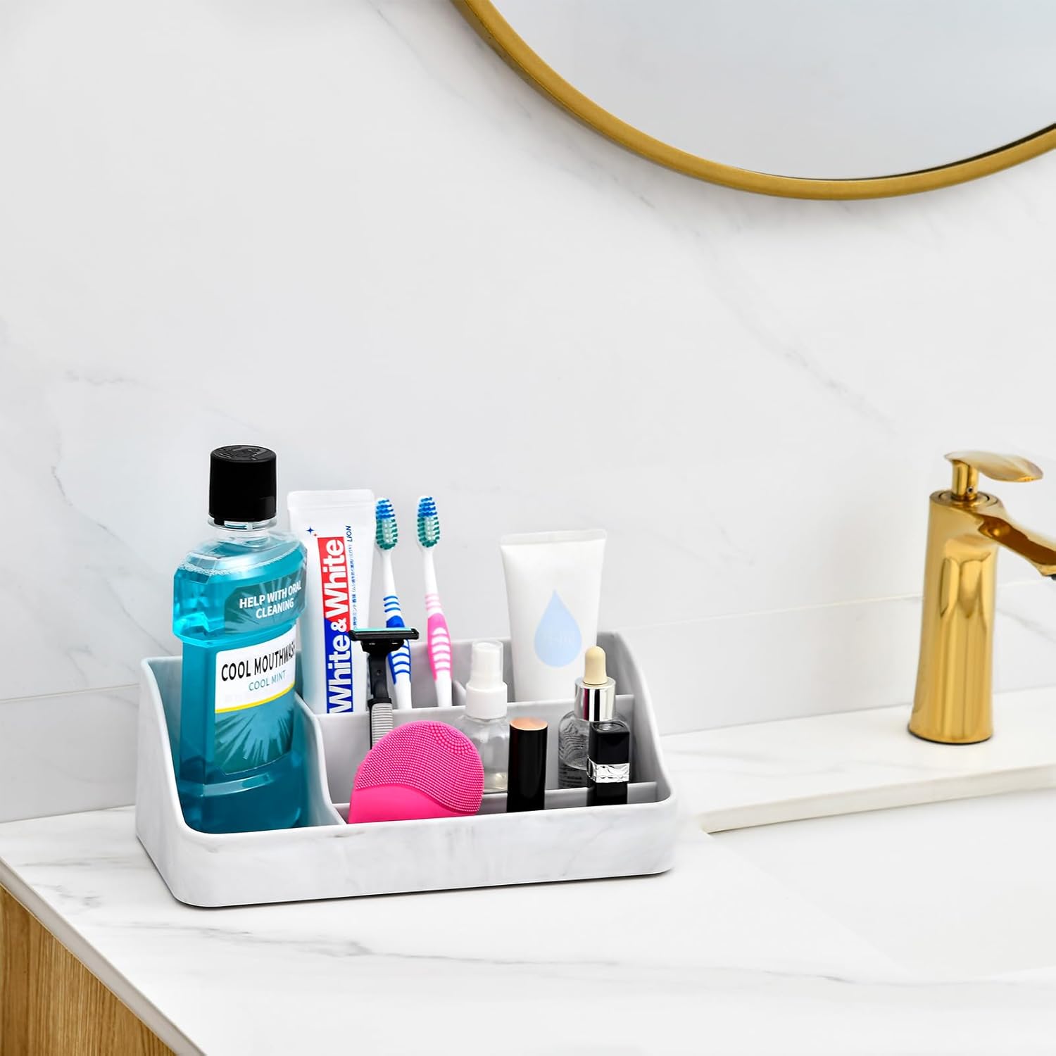 Toothbrush Holder for Bathroom, Bathroom Organizer Countertop, Bathroom Accessories with 5 Compartment Storage for Toothpaste/Vanity Counter