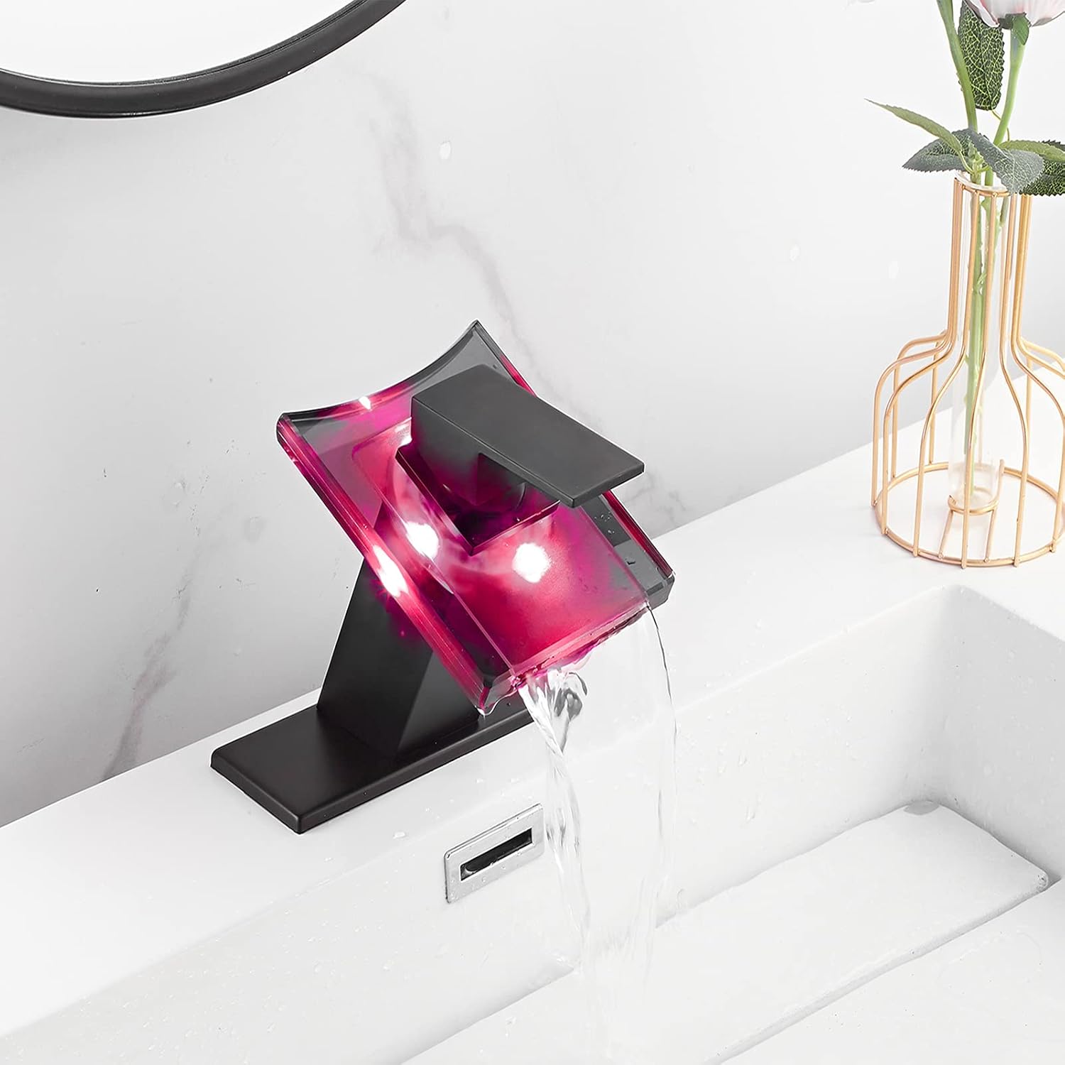 Bathroom Faucet Black Led Light 3 Color Changing Waterfall Glass Spout RGB Battery Power Lavatory Vanity Sink Faucet Single Handle One Hole Deck Mount Modern Designer Bath Basin Tap