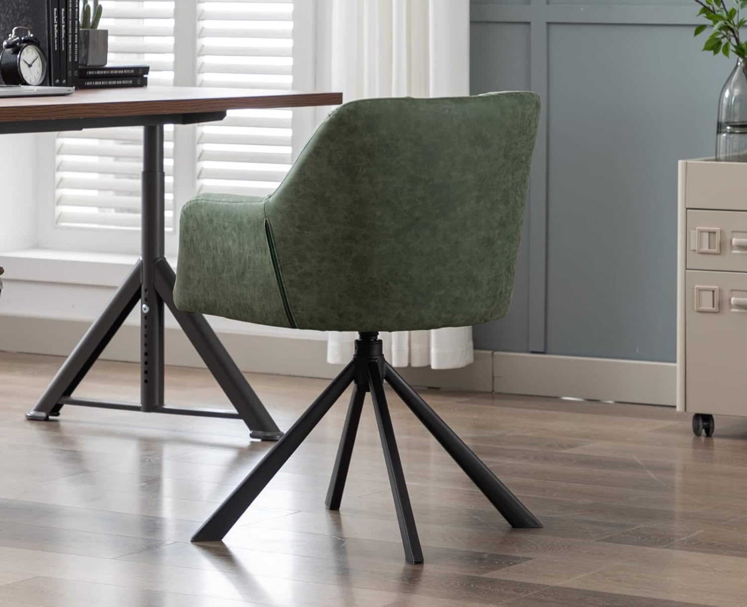 Comfy Leather Desk Chair Modern Computer Task Chair no Wheels Swivel Accent Chair with Mid Back Arm Chair