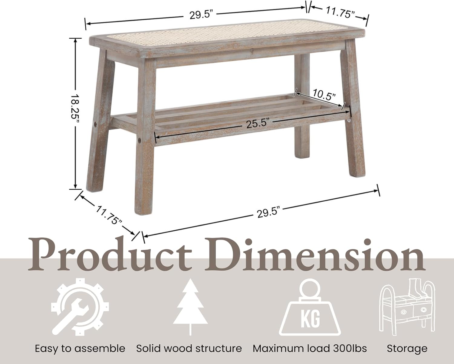 Rattan Entryway Bench with Storage Wood Shoe Rack Bench Farmhouse 2 Tier Storage Shoe Bench Mid Century Small Window Bench with Cane Seat