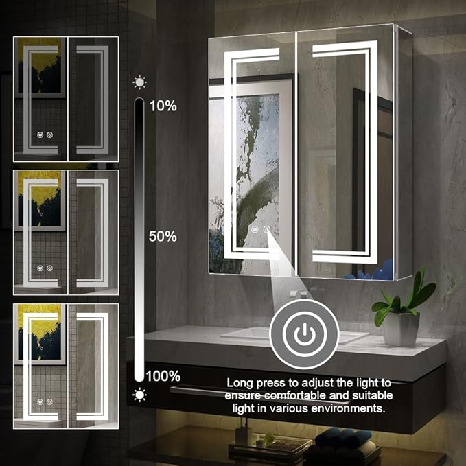 High-End Led Medicine Cabinet,Lighted Medicine Cabinet,3 Colors&Dimmable,Demister,Glass Shelf Illumination,USB Shaver Socket.Surface Mount or Recess Mount