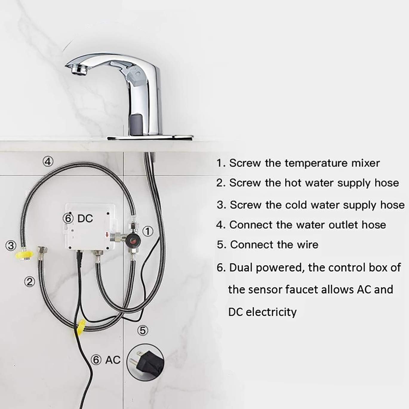 Automatic Bathroom Sink Faucet with Hole Cover Plate Sensor Touchless Dual-Powered Chrome Vanity Faucets Hands Free Motion Sensor Bathroom Water Tap