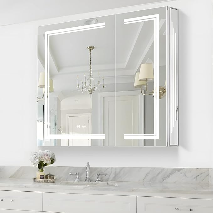 Bathroom Mirror Cabinet with Lights,Aluminum LED Medicine Cabinet,Equip with Internal Light,USB Shaver Socket,Back Door Light Strip,32 inch×36 inch,Surface Mount