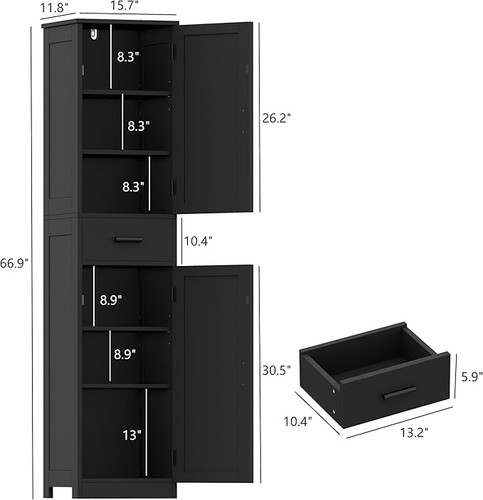 67" Tall Bathroom Floor Cabinet with 2 Door & Drawers, Narrow Storage Cabinet with Adjustable Shelves, Wooden Freestanding Cabinet for Bathroom