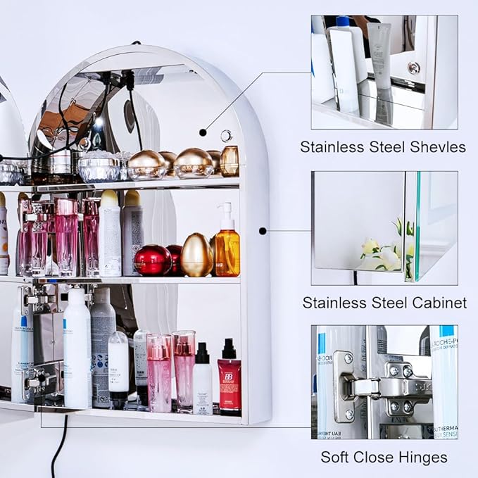 Arched Medicine Cabinet Mirror, 20''x30'' Lighted Medicine Cabinet with LED Lights, Defogger and 3 Color Modes, Dimmable Stainless Steel Cabinet for Bathroom