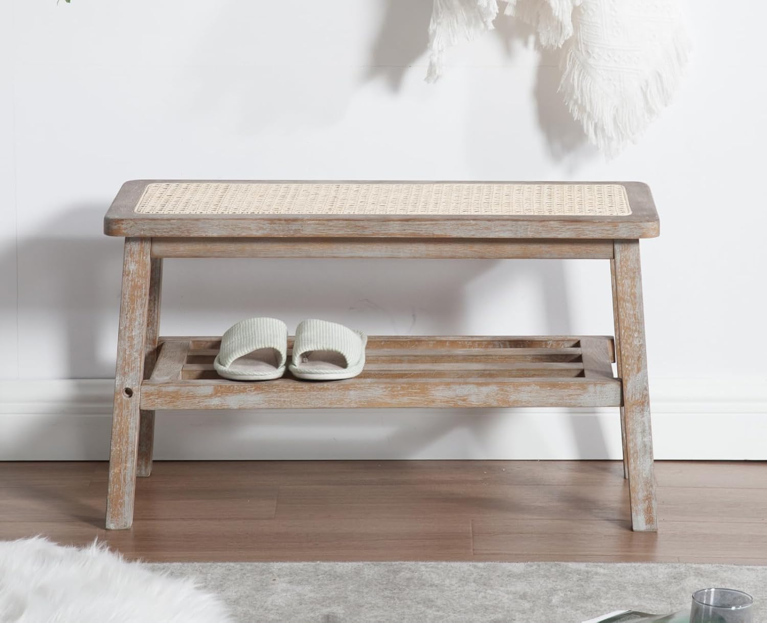 Rattan Entryway Bench with Storage Wood Shoe Rack Bench Farmhouse 2 Tier Storage Shoe Bench Mid Century Small Window Bench with Cane Seat