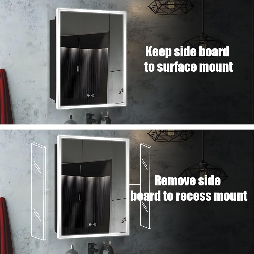 Led Medicine Cabinet,20×28inch,Medicine Cabinet with Light,3 Colors,Dimmable,Desmister,Luminous Glass Shelf,Recess Mount and Surface Mount