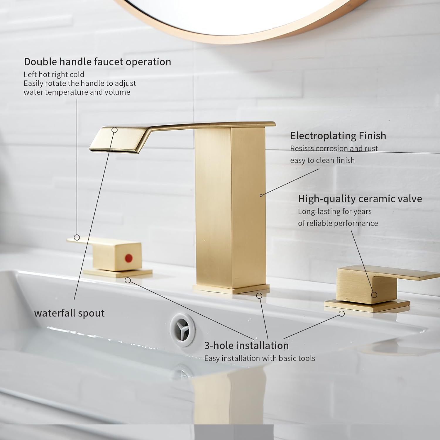 Bathroom Faucet 2 Handles 3 Hole Waterfall Brushed Gold Bathroom Faucets Widespread 8-16 inch Basin Sink Faucet Brass Lavatory Vanity with Pop Up Drain 2 Hot/Cold Supply Hoses Commercial Deck Mounted