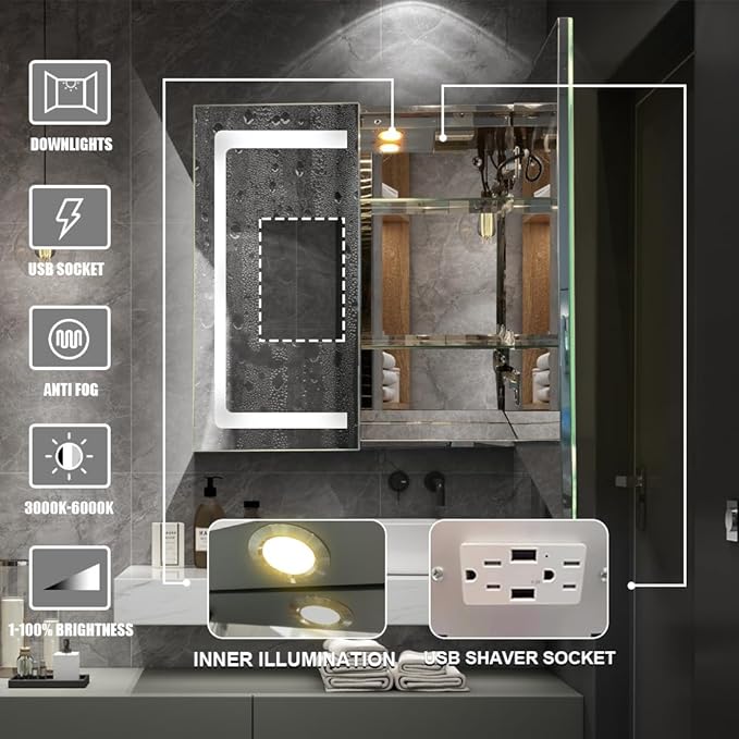 Stainless Steel LED Medicine Cabinet,Bathroom Mirror Cabinet with Light,3 Color,Dimmable,Equipped with Defogger,USB Shavor Socket,Internal Light