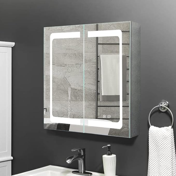 24 Inch X 28 Inch Illuminated Led Mirror Cabinet for Bathroom Stainless Steel Wall Mounted Medicine Cabinet with Double Touch Switches for Clor Change, Dimmer and Anti-Fog Function