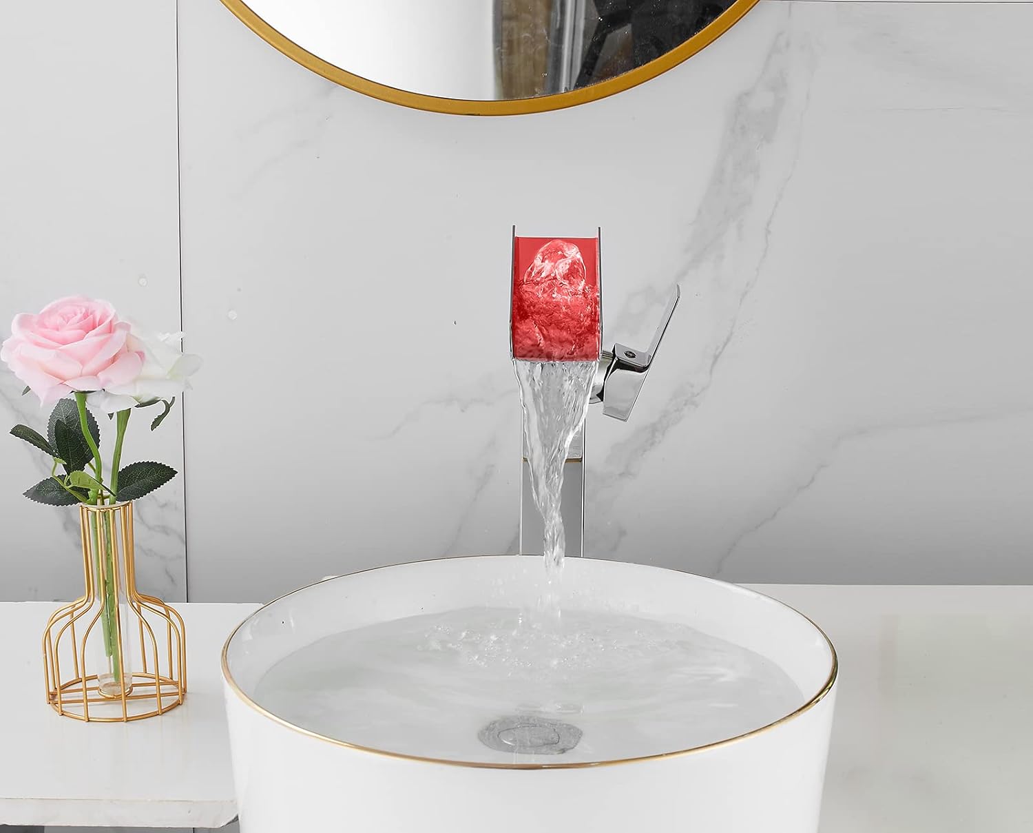 Bathroom Vessel Sink Faucet Chrome Waterfall Led Color Changing by Temperature Bowl Sink Faucet 1 Hole Right Handle Without Overflow Pop Up Drain Stopper Lavatory Vanity Bath Basin Tap Tall